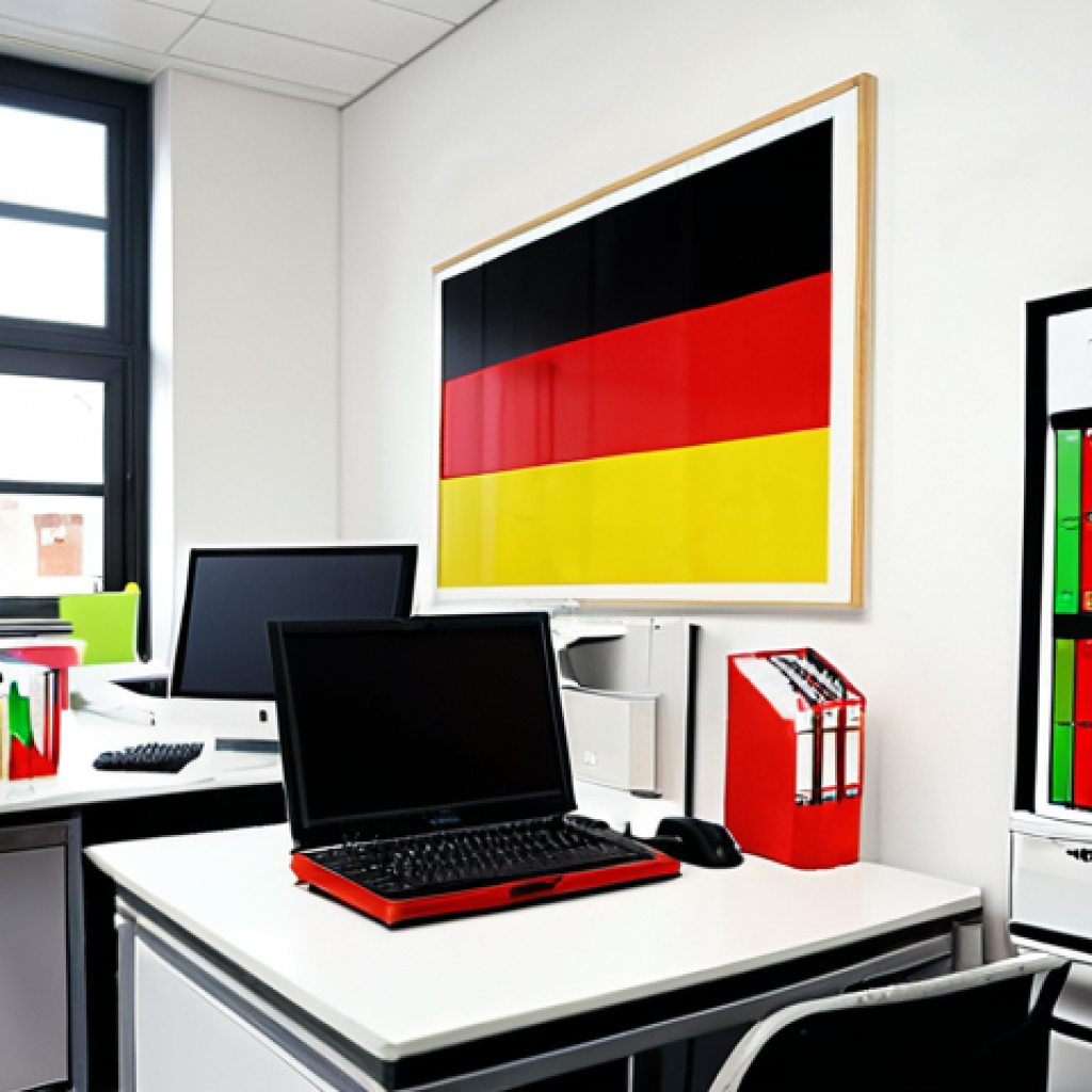 **Efficient Office Scene:** A brightly lit, organized German office. Focus on Antrag Processing. Use of color-coded files (red, yellow, green) to prioritize applications.  Include a modern computer with a checklist displayed.  The overall impression should be efficient and accurate.  Consider adding a subtle German flag somewhere in the background.