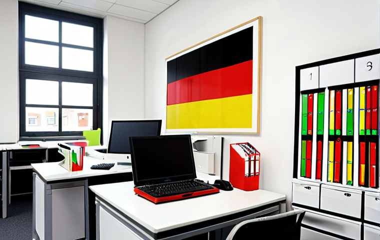 **Efficient Office Scene:** A brightly lit, organized German office. Focus on Antrag Processing. Use of color-coded files (red, yellow, green) to prioritize applications. Include a modern computer with a checklist displayed. The overall impression should be efficient and accurate. Consider adding a subtle German flag somewhere in the background.