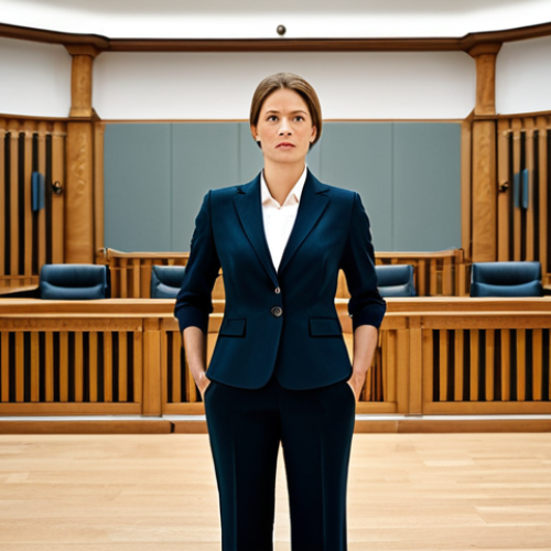 Home 16 자치행정사 강의 추천 - "A professional woman in a tailored business suit, presenting a legal case in a modern courtroom, fu...