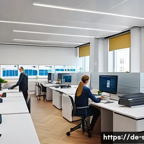자치행정사 이론학습 - A detailed, realistic illustration of a modern German municipal office interior showing a diverse te...