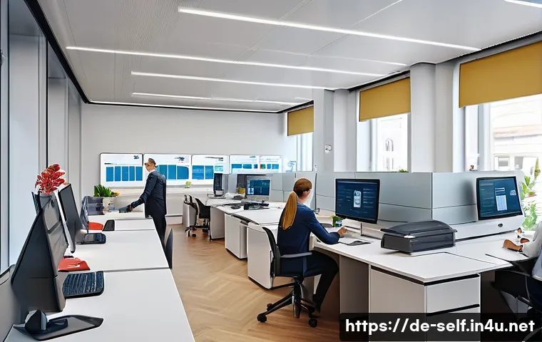 자치행정사 이론학습 - A detailed, realistic illustration of a modern German municipal office interior showing a diverse te...